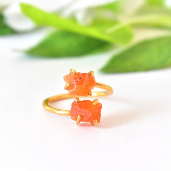 Natural Raw Carnelian Gemstone 925 Silver with 3 micron gold plating adjustable Ring, orange gemstone,toi et moi ring, organic ring