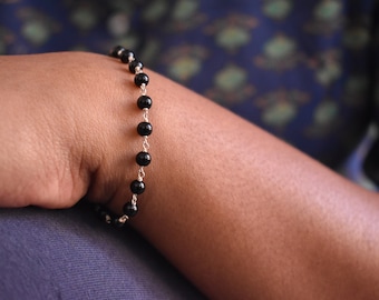 Handmade Black Onyx Bead Bracelet: 925 Sterling Silver, Adjustable