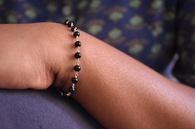Black Onyx bead bracelet, handmade 925 silver bracelet, gift for her, minimalist design bracelet, adjustable bracelet, statement bracelet image 1