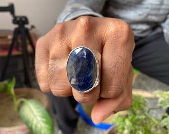 Natural Dark Blue Sapphire Men Ring size US 12, 925 silver handmade ring, octagon ring, large sapphire ring, gift for him, signet ring