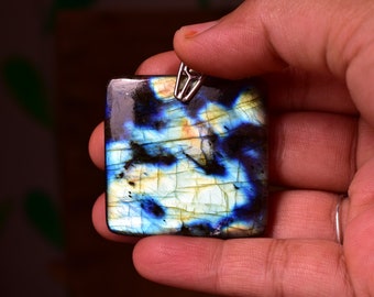 Großer blauer Labradorit-Anhänger mit Ring aus 925er Sterlingsilber, hochwertiger Labradorit, handgefertigter Schmuck