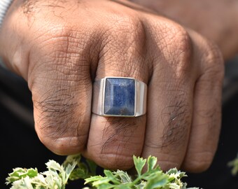 Natural Blue Sapphire Men Ring, Size US 10 Handmade 925 Silver Signet Ring, Men's Jewelry, Stylish Gift, gift for him
