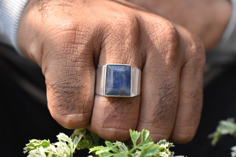 natural blue sapphire men ring, signet ring, handmade silver rings, 925 sterling silver, gift for him