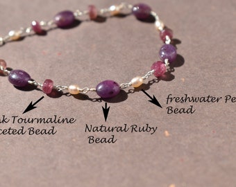 Handmade Ruby & Pink Tourmaline Bracelet: Sterling Silver Pearl Jewelry