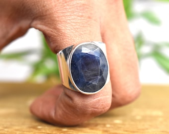 Natural blue sapphire men ring size US 9 Handmade 925 silver, gift for him, signet ring, large sapphire ring, september birthstone