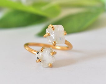 Natural Raw Moonstone 925 Silver with 3 micron gold plating adjustable Ring, toi et moi ,birthday gift, christmas gift, rainbow moonstone