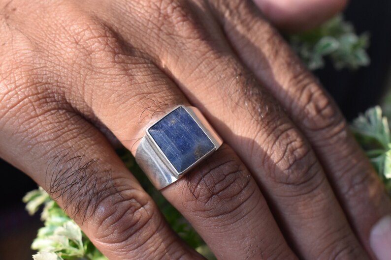 Natural Blue Sapphire Men Ring, Size US 10 Handmade 925 Silver Signet Ring, Men's Jewelry, Stylish Gift, gift for him image 3