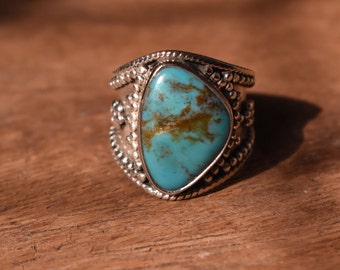 Natural Turquoise Boho sterling silver ring of size US 5.75, statement ring, december birthstone ring, birthday gift, christmas gift,