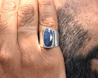 Handcrafted Blue Oval Sapphire Men's Signet Ring, size US 8 925 Silver Ring, Unique Gift for Him, September birthstone