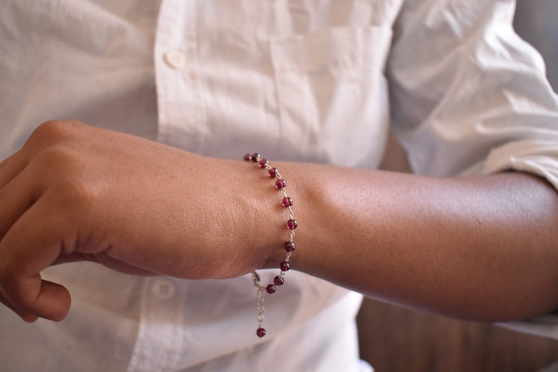 Red garnet bead bracelet, handmade silver 925 bracelet, gift for her, everyday jewelry, minimalist, adjustable bracelet, bridesmaid gift image 2