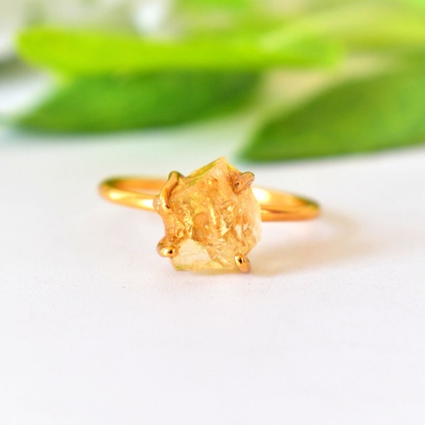 Natural Raw Citrine  Gemstone 925 Silver 3 micron gold plated handmade Ring, yellow stone, rough gemstone ring, christmas gift, solitaire