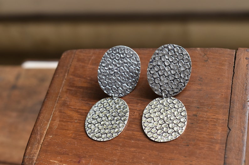 925 Sterling silver handmade geometric Round earrings, Statement earring, plain silver jewelry, hammered silver, matt polish, Valentine gift image 4