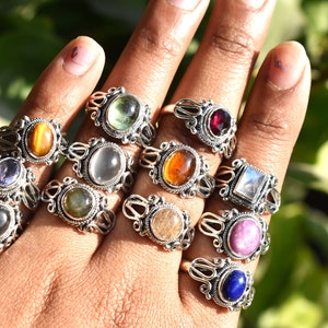 Boho Gemstone Ring 925 silver, birthstone ruby carnelian amber amethyst peridot lapis aquamarine,rutile quartz garnet tiger eye moonstone