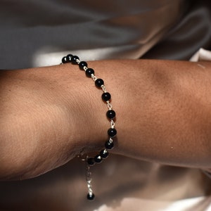 Black Onyx bead bracelet, handmade 925 silver bracelet, gift for her, minimalist design bracelet, adjustable bracelet, statement bracelet image 3