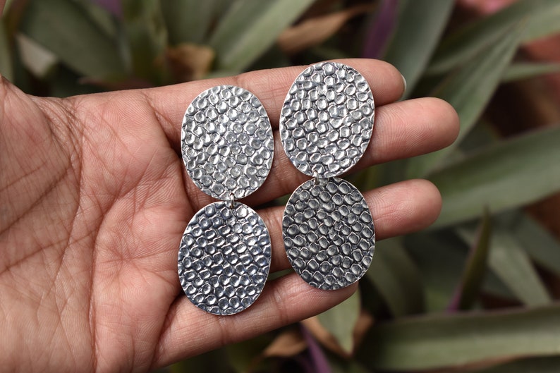 925 Sterling silver handmade geometric Round earrings, Statement earring, plain silver jewelry, hammered silver, matt polish, Valentine gift image 7