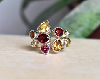 Multistone Statement Ring Handmade 18kt Gold & 925 Silver, Natural Gemstones SIZE US8