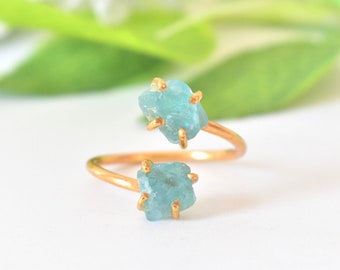 Natural Raw Aquamarine Gemstone 925 Silver with 3 micron gold plating adjustable Ring, toi et moi ring, everyday ring, minimalist ring