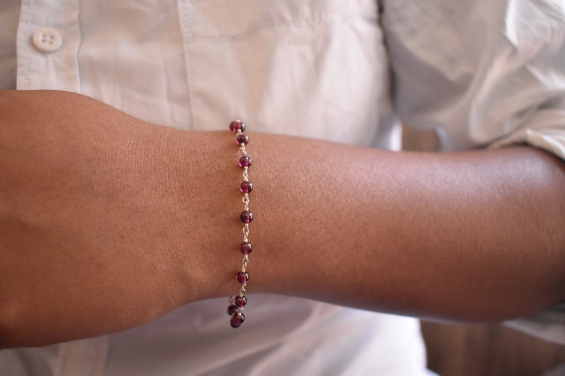 Red garnet bead bracelet, handmade silver 925 bracelet, gift for her, everyday jewelry, minimalist, adjustable bracelet, bridesmaid gift image 3