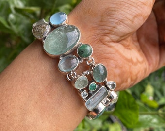 Natural Emerald, Aquamarine, beryl handmade Cluster Bracelet in 925 silver, wedding gift, cuff bracelet, Statement jewelry, unique design