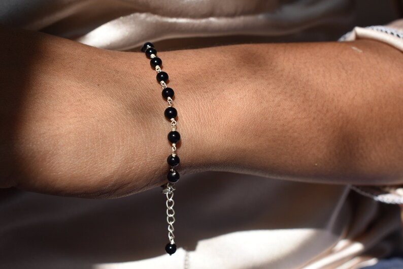 Black Onyx bead bracelet, handmade 925 silver bracelet, gift for her, minimalist design bracelet, adjustable bracelet, statement bracelet image 6