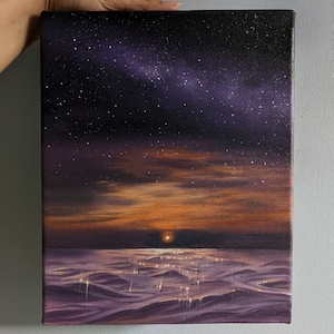 Canvas wall art painting original sunset oil painting small seascape night sky painting on canvas original ocean wave painting with scenery