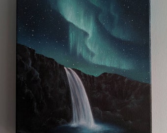 Northern Lights Oil Painting, Waterfall Canvas Art (20x25 cm)