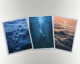 Conjunto de láminas artísticas de paisajes marinos al atardecer, pinturas impresionistas del océano.
