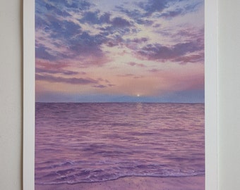 Lámina artística de paisaje marino, pintura al óleo de puesta de sol sobre papel de algodón.