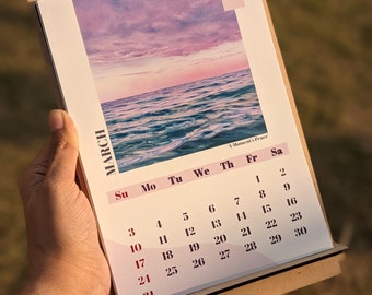 Table Calendar 2024, Elegant Monthly calendar A5 size with stand, Gift for Christmas Seascapes desk calendar New Year Holiday season gift