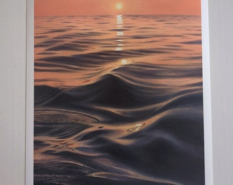 Lámina artística de paisaje marino al atardecer, olas impresionistas, impresión giclée de bellas artes.