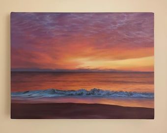 Sunset Ocean Oil Painting on Canvas, Seascape Wall Art (16x12)