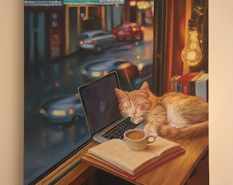 Originales Ölgemälde einer orangefarbenen Katze auf Leinwand, beruhigende Katzenkunst