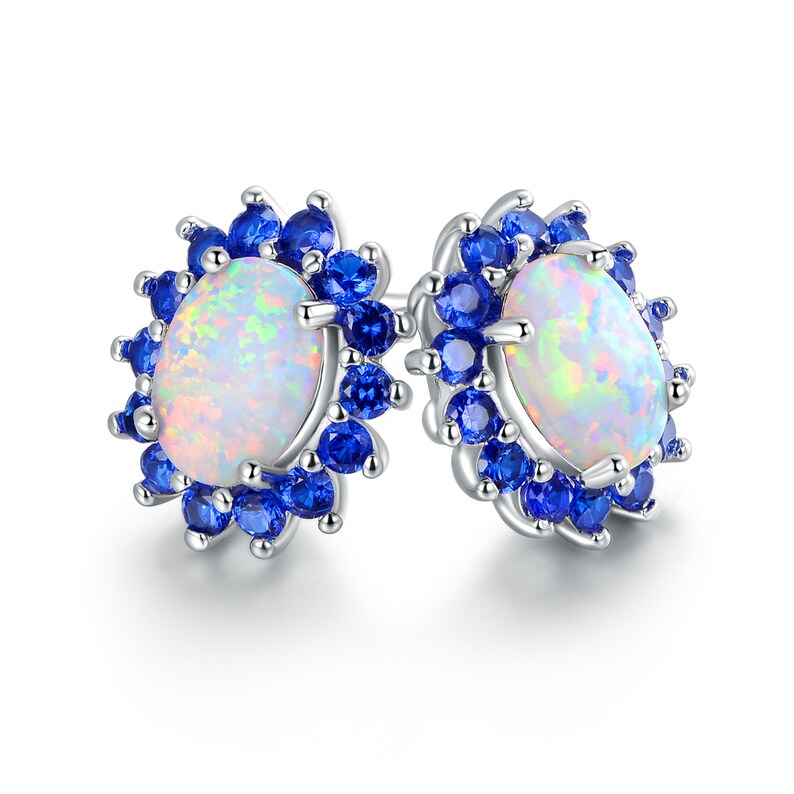 Vintage Style Jewellery Opal Flowers Earrings 18K White Gold Plated