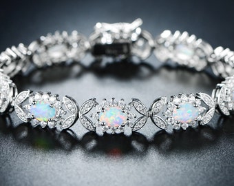 18K White Gold Plated Opal and Gemstone Tennis Bracelet