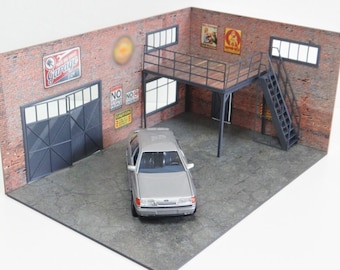 Garaje de ladrillo de dos pisos Escala 1:24 Kit de modelo de diorama Exhibición de automóviles en miniatura Tamaño 1/24