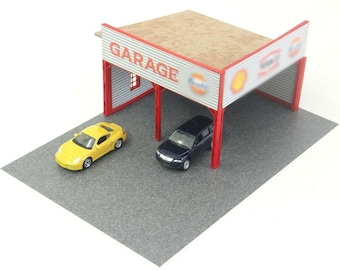 Open garage shed miniature / Scale 1:60, 64 / Diorama car garage with parking base / Car models display / Diorama model kit