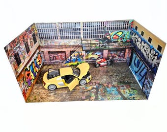 1:18 Scale Graffiti Garage Diorama – Urban Street Display Model