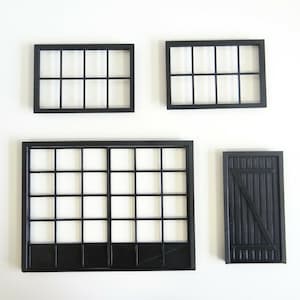 Set of doors and windows. Scale 1:18. Diorama garage modelling parts. Miniature modelling items.