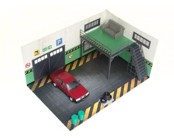 ミニカー用ジオラマ：1/43 木造パーゴラ付ガレージ（ダークブルー