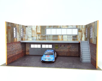 Garage mit Ziegelwänden, Metallwänden und zweiter Etage. Maßstab 1:43. Zwei Etagen offene Garage. Diorama Bausatz. Miniatur Garagen Modell