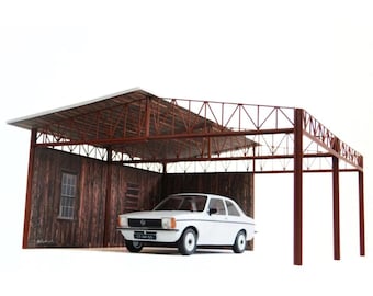 Retro Car Shelter Diorama Kit – 1:18 Scale Model Garage Display