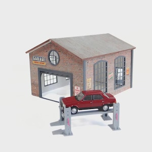 Brick Garage 1:43 Scale – Auto Service Repairs Diorama Kit - Miniature Model Car Display 1/43
