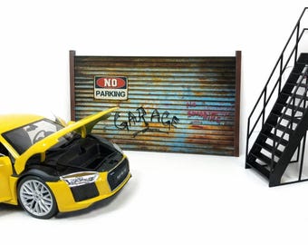 1:18 Sliding Garage Door with Ladder Diorama Parts Model Car Display Accessory
