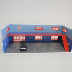 Diorama two-floor car service garage / Scale 1:60, 64 / Die-cast car models display PVC / Diorama auto garage miniature model