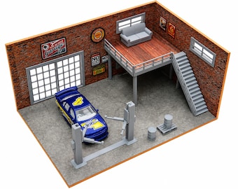 4つのドアと駐車ベースを備えたジオラマカーガレージ / スケール1:64