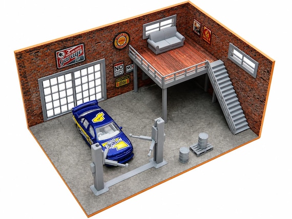 2階建て自動車ガレージジオラマキット – 1:60-64スケール ミニチュア
