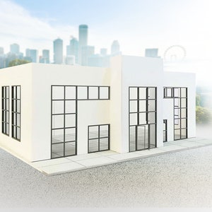 Modern big showroom. Scale 1:18. Diorama showroom building. Model cars display. Diorama model kit. Display for car models