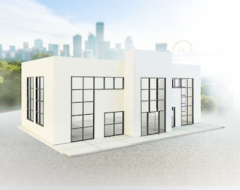 Modern big showroom. Scale 1:18. Diorama showroom building. Model cars display. Diorama model kit. Display for car models