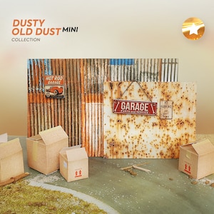 Mini Dusty Old Dust collection. Scale 1:18, 24. Diorama set of walls and boxes. Diorama garage decoration.