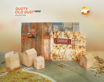 Mini Dusty Old Dust collection. Scale 1:18, 24. Diorama set of walls and boxes. Diorama garage decoration.